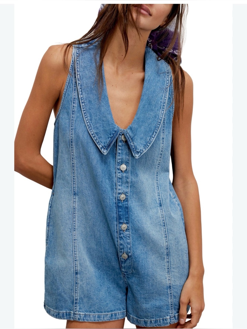 We The Free Light Blue Denim Romper Dress